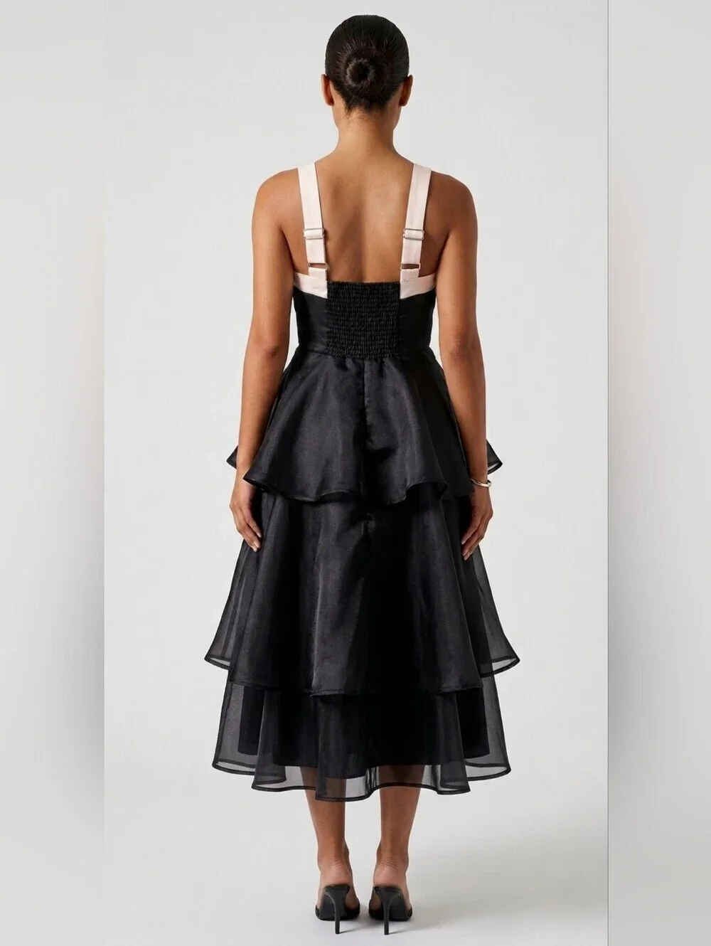 Lulus Untamed Elegance Black and Cream Bow Organza Tiered Midi Dress NWT - Small